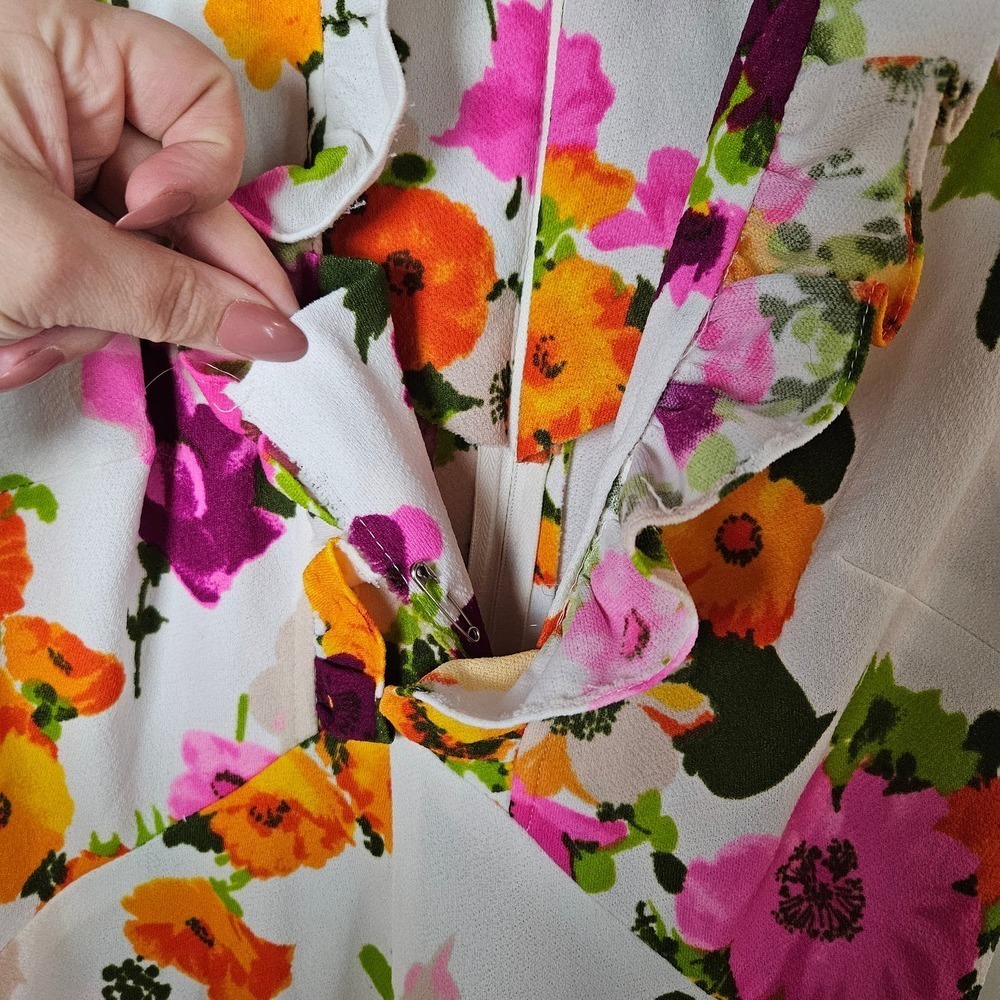 Vintage 70s Floral Maxi Dress Sleeveless S? Ruffle Neck White Pink Orange - Picture 6 of 11